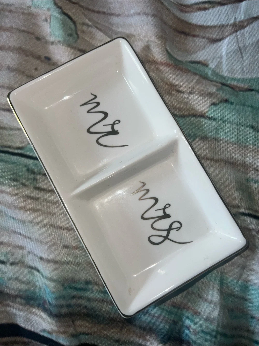 Mr & Mrs Ceramic Divided Trinket Dish - White with Gold Script